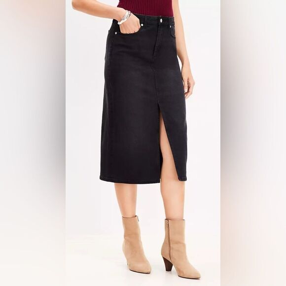 NWT Loft Black Denim Midi Skirt with Front Slit Size 2 - Picture 1 of 10